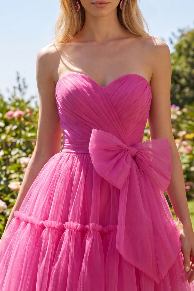 Load image into Gallery viewer, Fuchsia A Line Sweetheart Ruched Short Prom Dress with Bow
