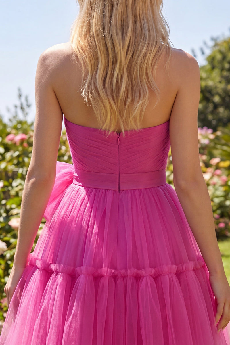Load image into Gallery viewer, Fuchsia A Line Sweetheart Ruched Short Prom Dress with Bow