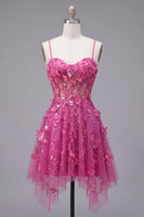 Load image into Gallery viewer, Sparkly Beaded Short A Line Floral Fuchsia Corset Prom Dress