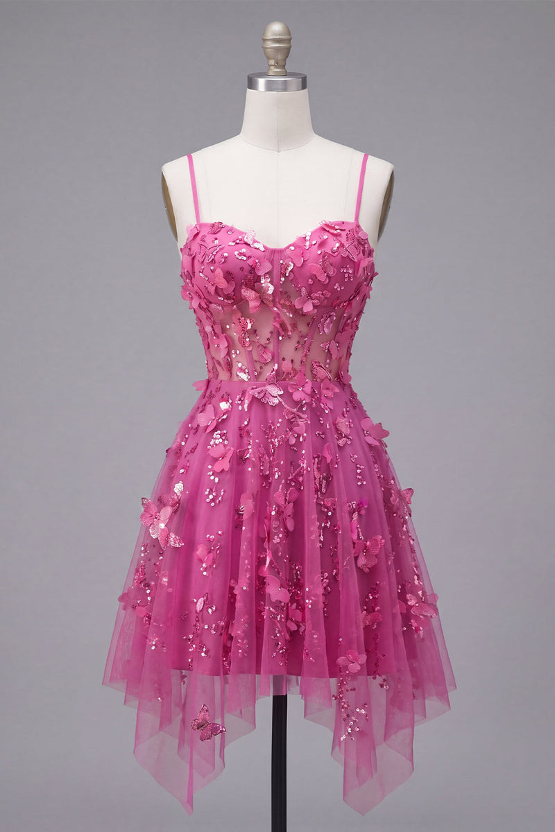 Load image into Gallery viewer, Sparkly Beaded Short A Line Floral Fuchsia Corset Prom Dress