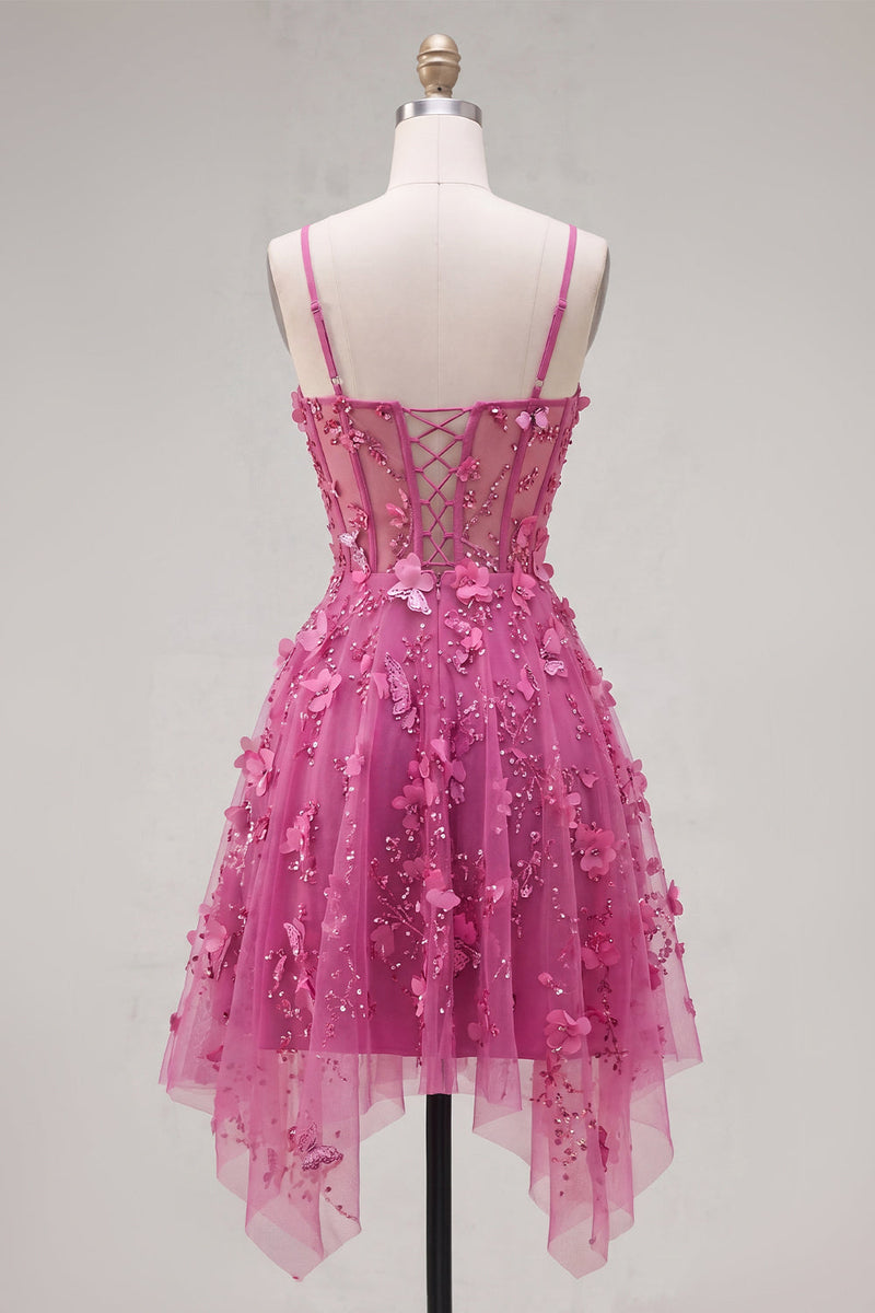 Load image into Gallery viewer, Sparkly Beaded Short A Line Floral Fuchsia Corset Prom Dress
