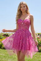 Load image into Gallery viewer, Sparkly Beaded Short A Line Floral Fuchsia Corset Prom Dress
