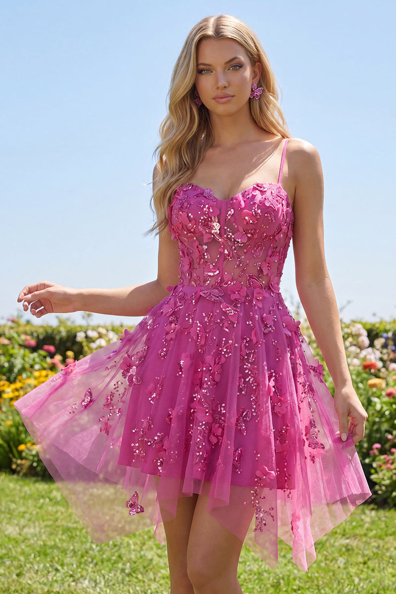 Load image into Gallery viewer, Sparkly Beaded Short A Line Floral Fuchsia Corset Prom Dress