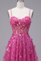 Load image into Gallery viewer, Sparkly Beaded Short A Line Floral Fuchsia Corset Prom Dress