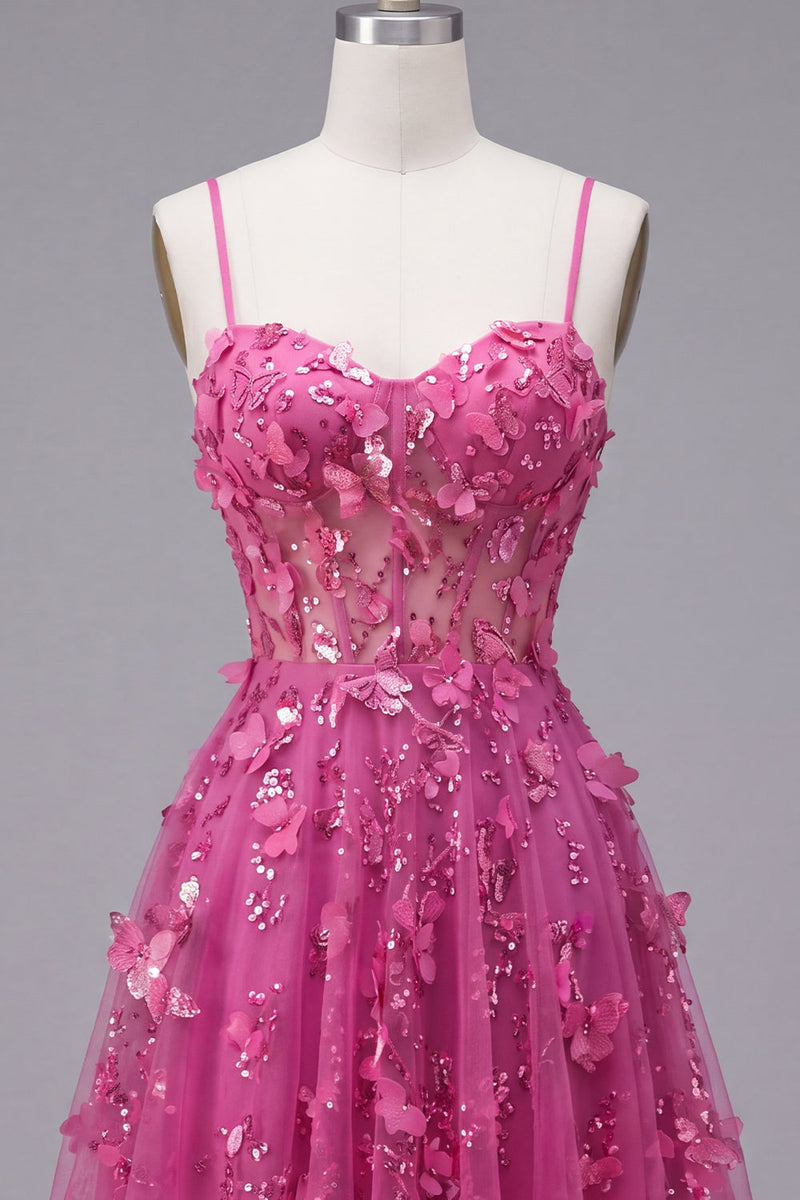 Load image into Gallery viewer, Sparkly Beaded Short A Line Floral Fuchsia Corset Prom Dress