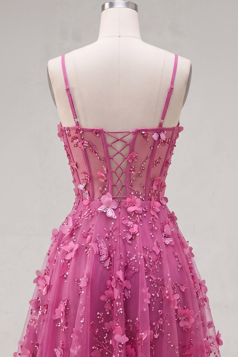 Load image into Gallery viewer, Sparkly Beaded Short A Line Floral Fuchsia Corset Prom Dress