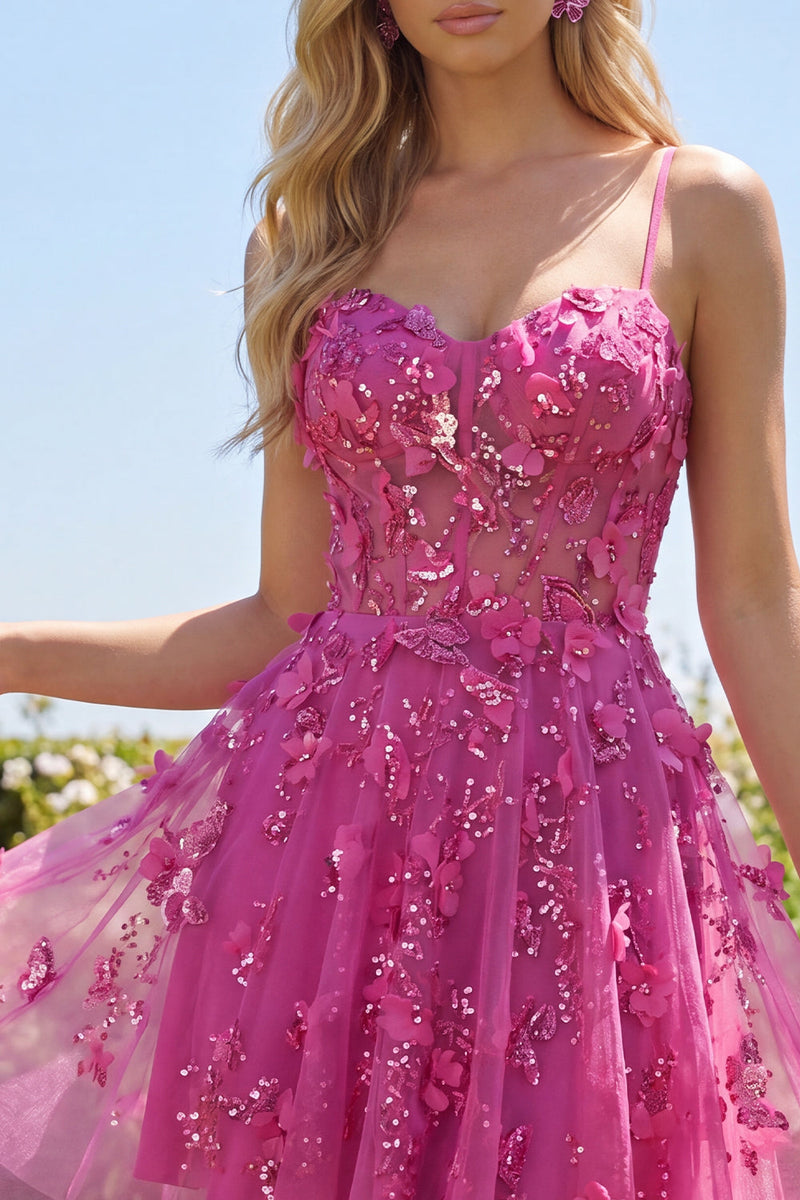 Load image into Gallery viewer, Sparkly Beaded Short A Line Floral Fuchsia Corset Prom Dress