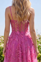 Load image into Gallery viewer, Sparkly Beaded Short A Line Floral Fuchsia Corset Prom Dress