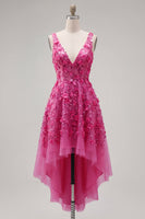 Load image into Gallery viewer, Beaded Sparkly High Low A Line Fuchsia Floral Prom Dress