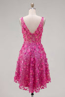 Load image into Gallery viewer, Beaded Sparkly High Low A Line Fuchsia Floral Prom Dress
