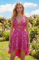 Load image into Gallery viewer, Beaded Sparkly High Low A Line Fuchsia Floral Prom Dress
