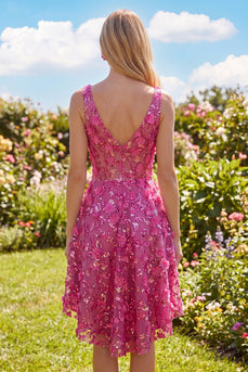 Beaded Sparkly High Low A Line Fuchsia Floral Prom Dress