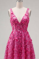 Load image into Gallery viewer, Beaded Sparkly High Low A Line Fuchsia Floral Prom Dress