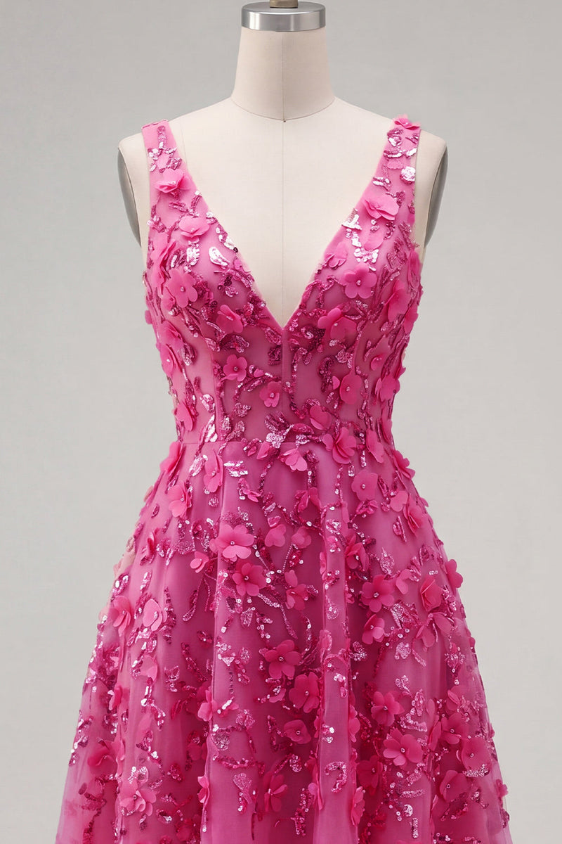 Load image into Gallery viewer, Beaded Sparkly High Low A Line Fuchsia Floral Prom Dress