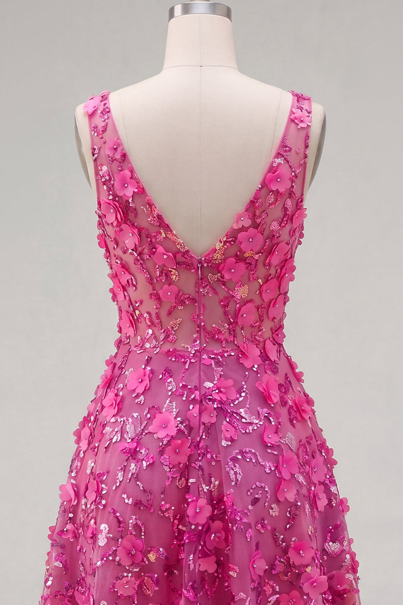 Load image into Gallery viewer, Beaded Sparkly High Low A Line Fuchsia Floral Prom Dress