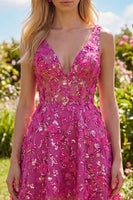 Load image into Gallery viewer, Beaded Sparkly High Low A Line Fuchsia Floral Prom Dress