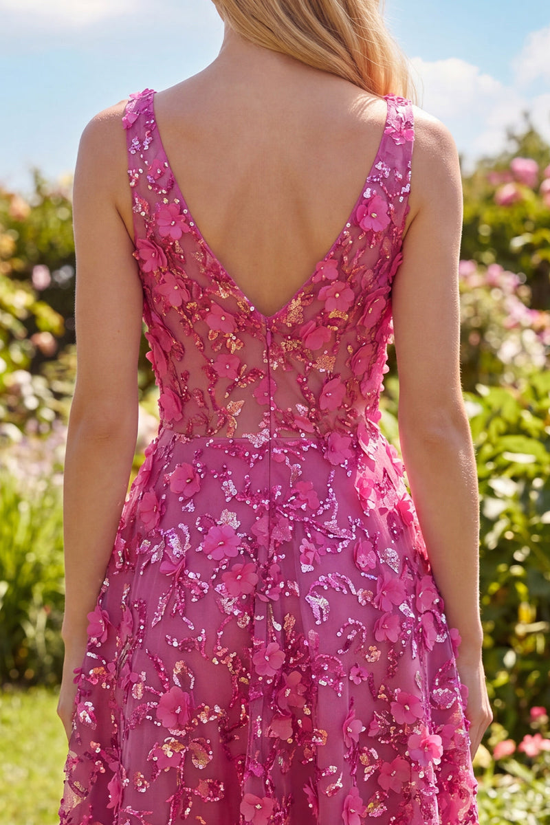 Load image into Gallery viewer, Beaded Sparkly High Low A Line Fuchsia Floral Prom Dress