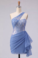 Load image into Gallery viewer, Sparkly Corset Grey Blue Tight Short Ruched Prom Dress with Lace