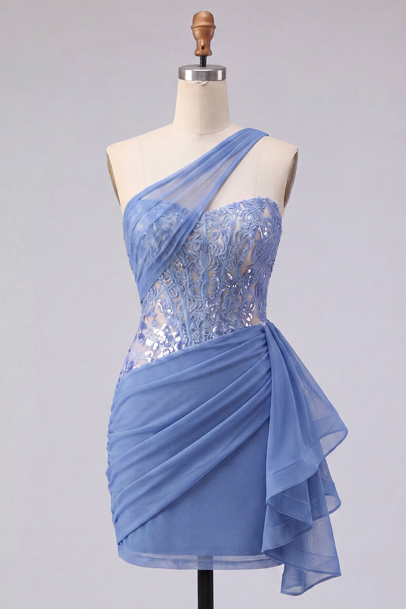 Load image into Gallery viewer, Sparkly Corset Grey Blue Tight Short Ruched Prom Dress with Lace