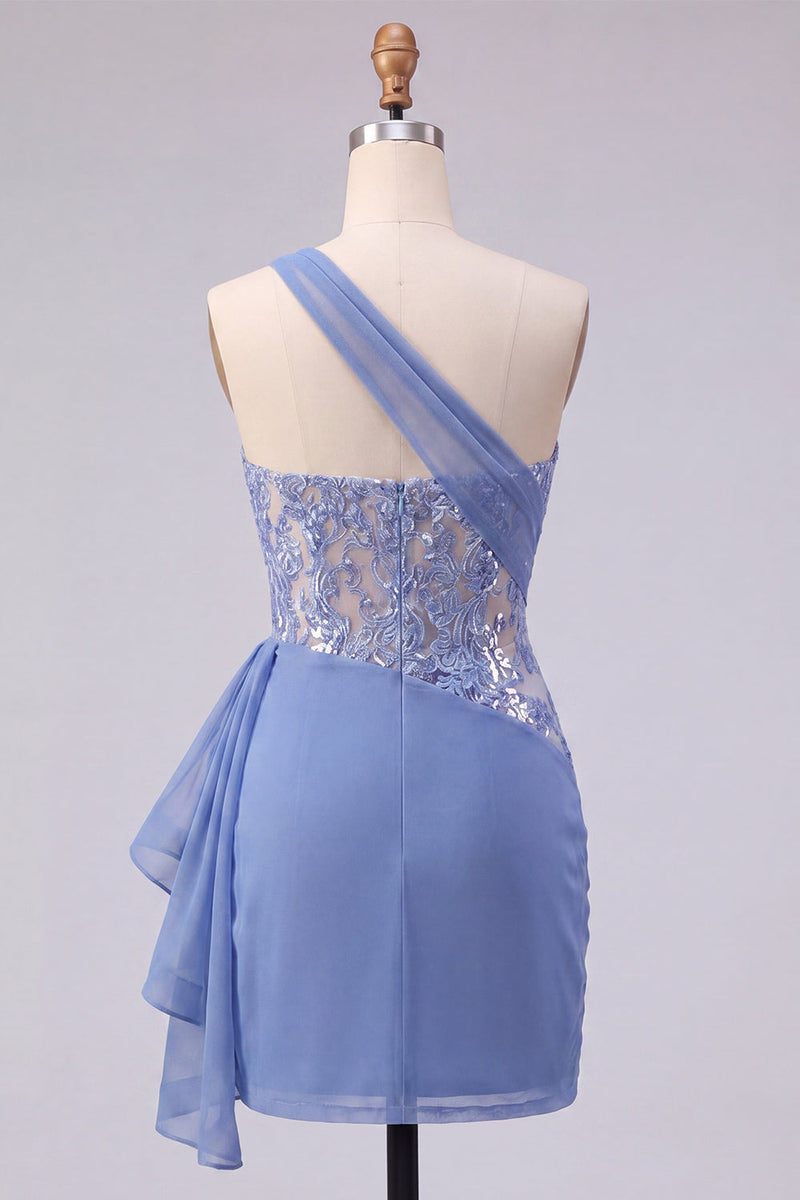 Load image into Gallery viewer, Sparkly Corset Grey Blue Tight Short Ruched Prom Dress with Lace