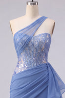 Load image into Gallery viewer, Sparkly Corset Grey Blue Tight Short Ruched Prom Dress with Lace
