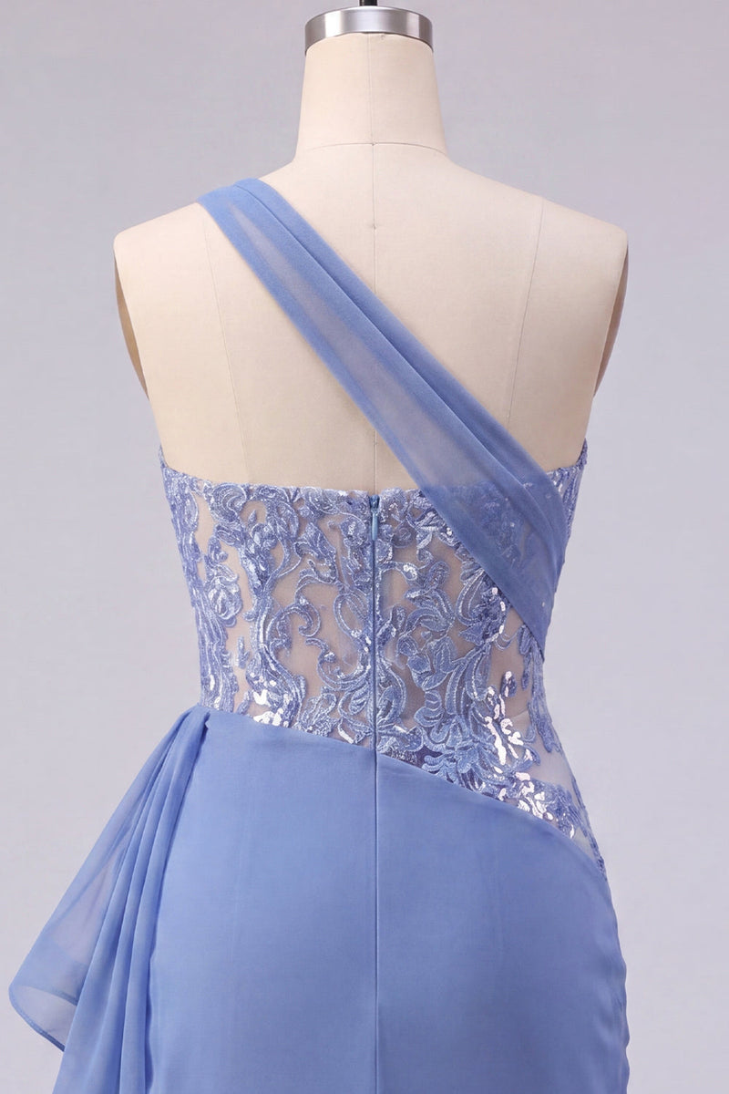 Load image into Gallery viewer, Sparkly Corset Grey Blue Tight Short Ruched Prom Dress with Lace