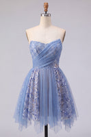 Load image into Gallery viewer, Sparkly Corset Grey Blue Short Ruched Prom Dress with Lace