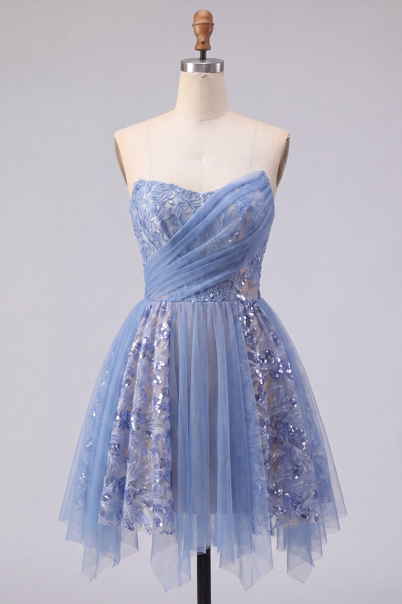 Load image into Gallery viewer, Sparkly Corset Grey Blue Short Ruched Prom Dress with Lace