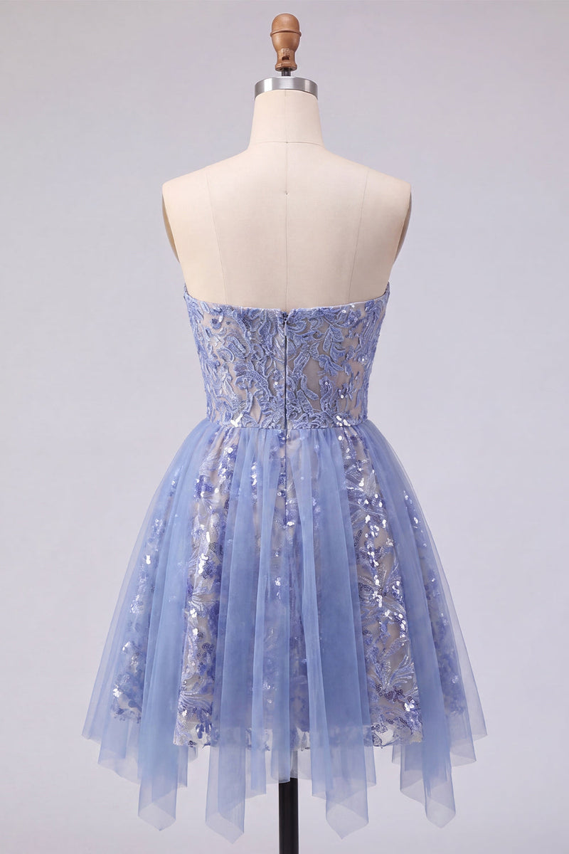 Load image into Gallery viewer, Sparkly Corset Grey Blue Short Ruched Prom Dress with Lace