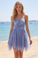 Load image into Gallery viewer, Sparkly Corset Grey Blue Short Ruched Prom Dress with Lace