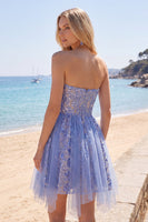 Load image into Gallery viewer, Sparkly Corset Grey Blue Short Ruched Prom Dress with Lace