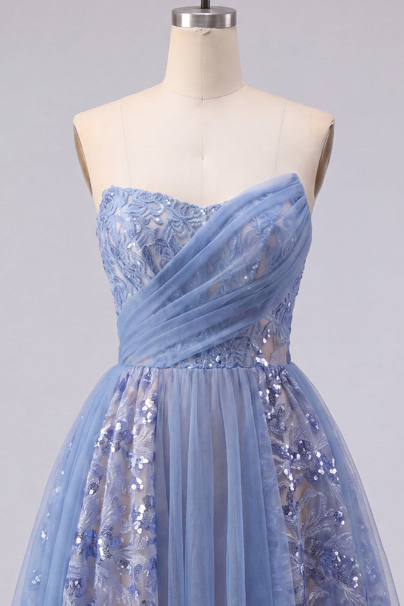 Load image into Gallery viewer, Sparkly Corset Grey Blue Short Ruched Prom Dress with Lace