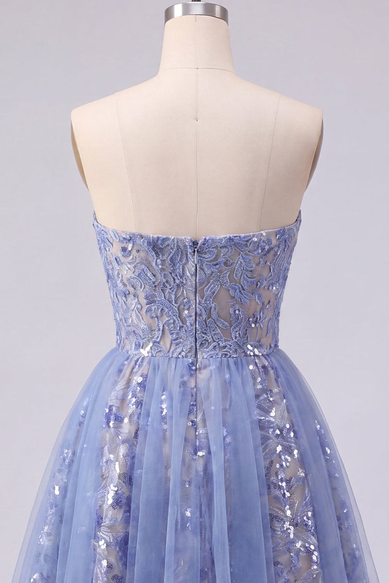 Load image into Gallery viewer, Sparkly Corset Grey Blue Short Ruched Prom Dress with Lace