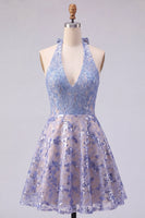 Load image into Gallery viewer, Halter Sparkly Grey Blue Beaded Short A Line Prom Dress with Bow