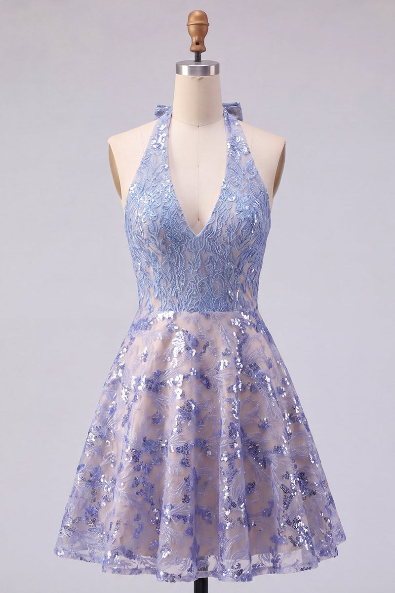 Load image into Gallery viewer, Halter Sparkly Grey Blue Beaded Short A Line Prom Dress with Bow