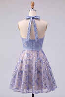 Load image into Gallery viewer, Halter Sparkly Grey Blue Beaded Short A Line Prom Dress with Bow