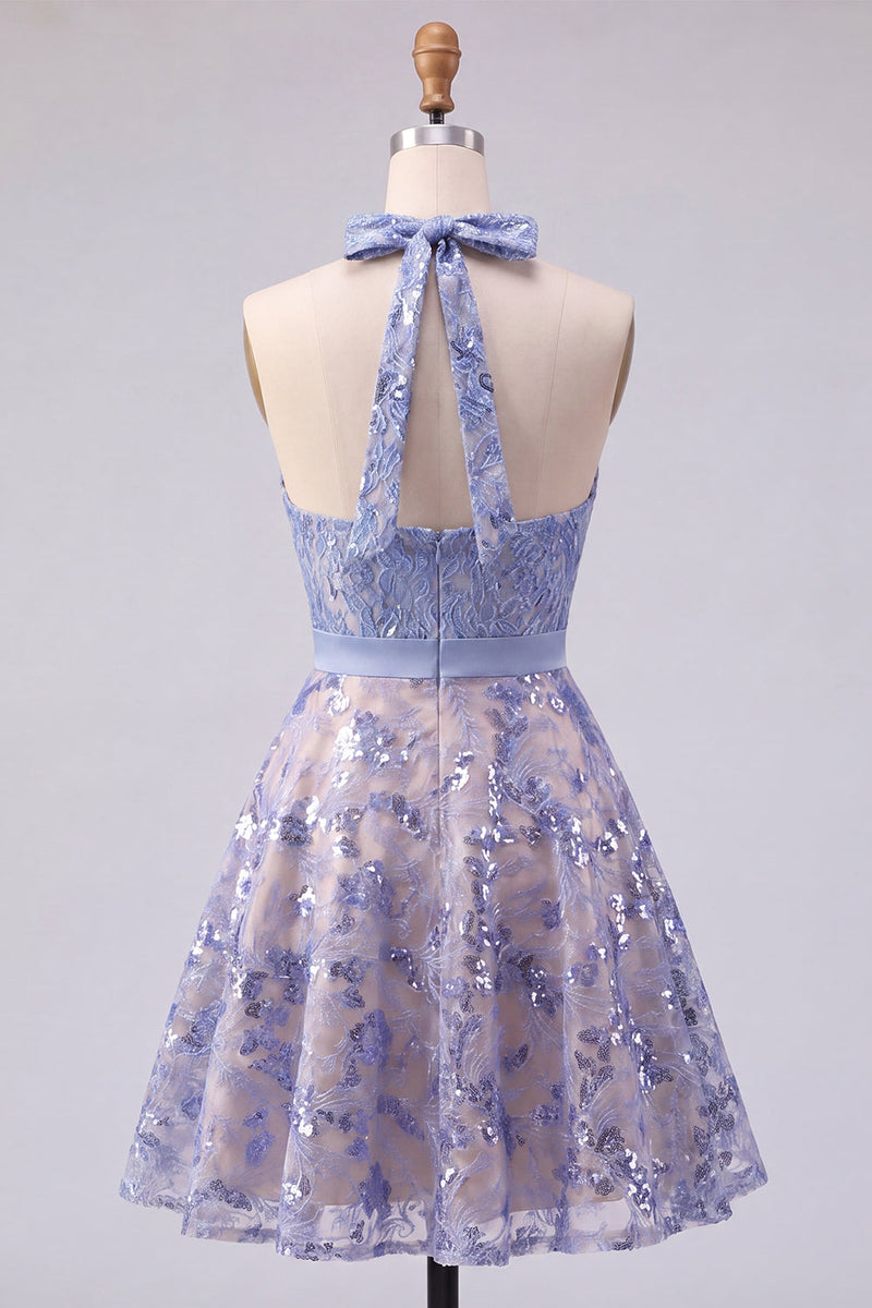 Load image into Gallery viewer, Halter Sparkly Grey Blue Beaded Short A Line Prom Dress with Bow