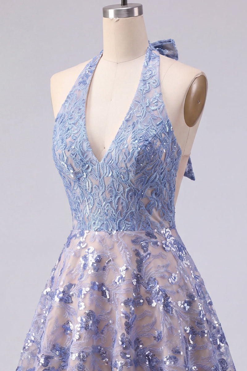 Load image into Gallery viewer, Halter Sparkly Grey Blue Beaded Short A Line Prom Dress with Bow