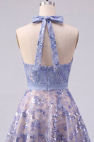 Load image into Gallery viewer, Halter Sparkly Grey Blue Beaded Short A Line Prom Dress with Bow