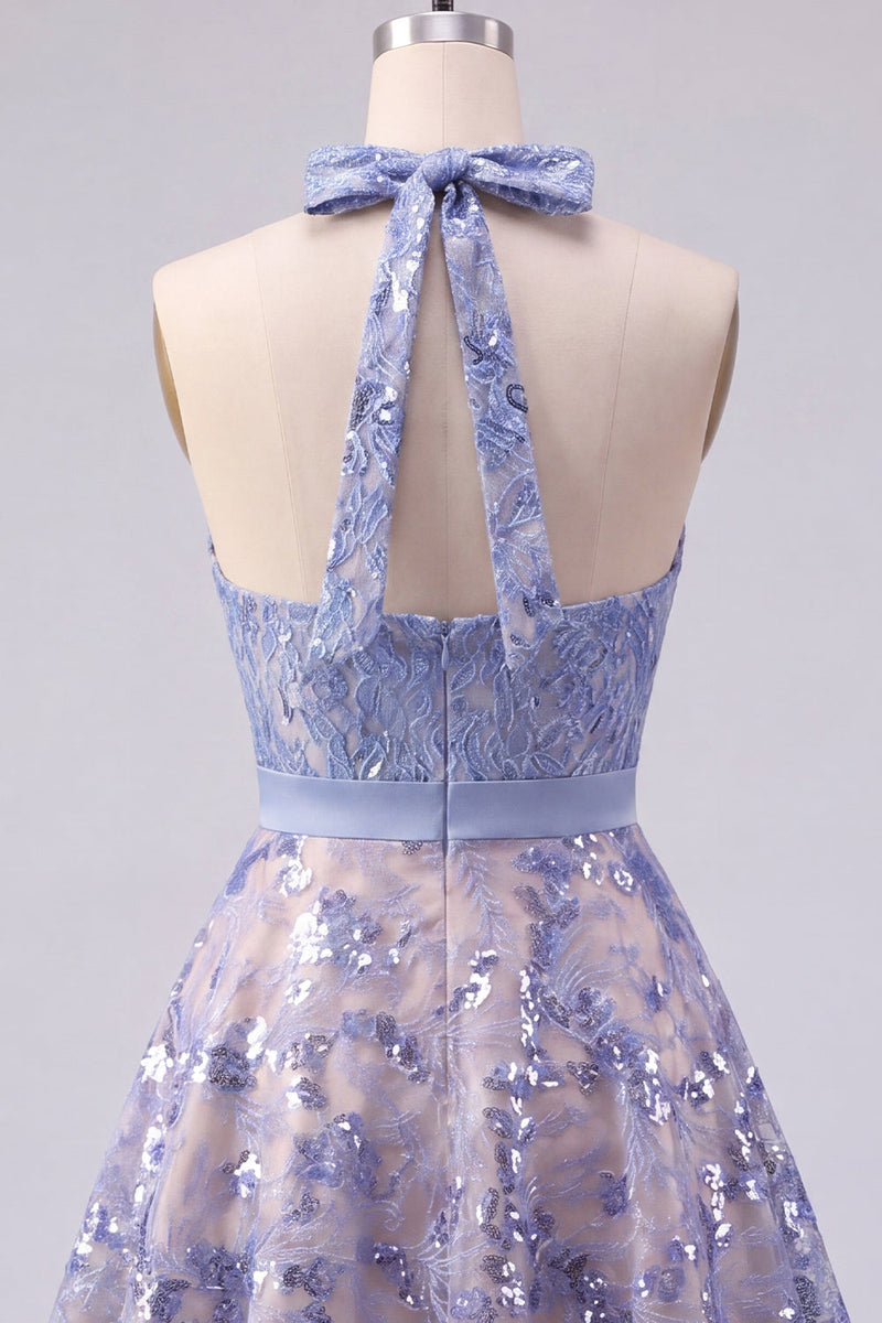 Load image into Gallery viewer, Halter Sparkly Grey Blue Beaded Short A Line Prom Dress with Bow