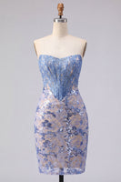 Load image into Gallery viewer, Strapless Corset Sparkly Tight Grey Blue Short Lace Prom Dress