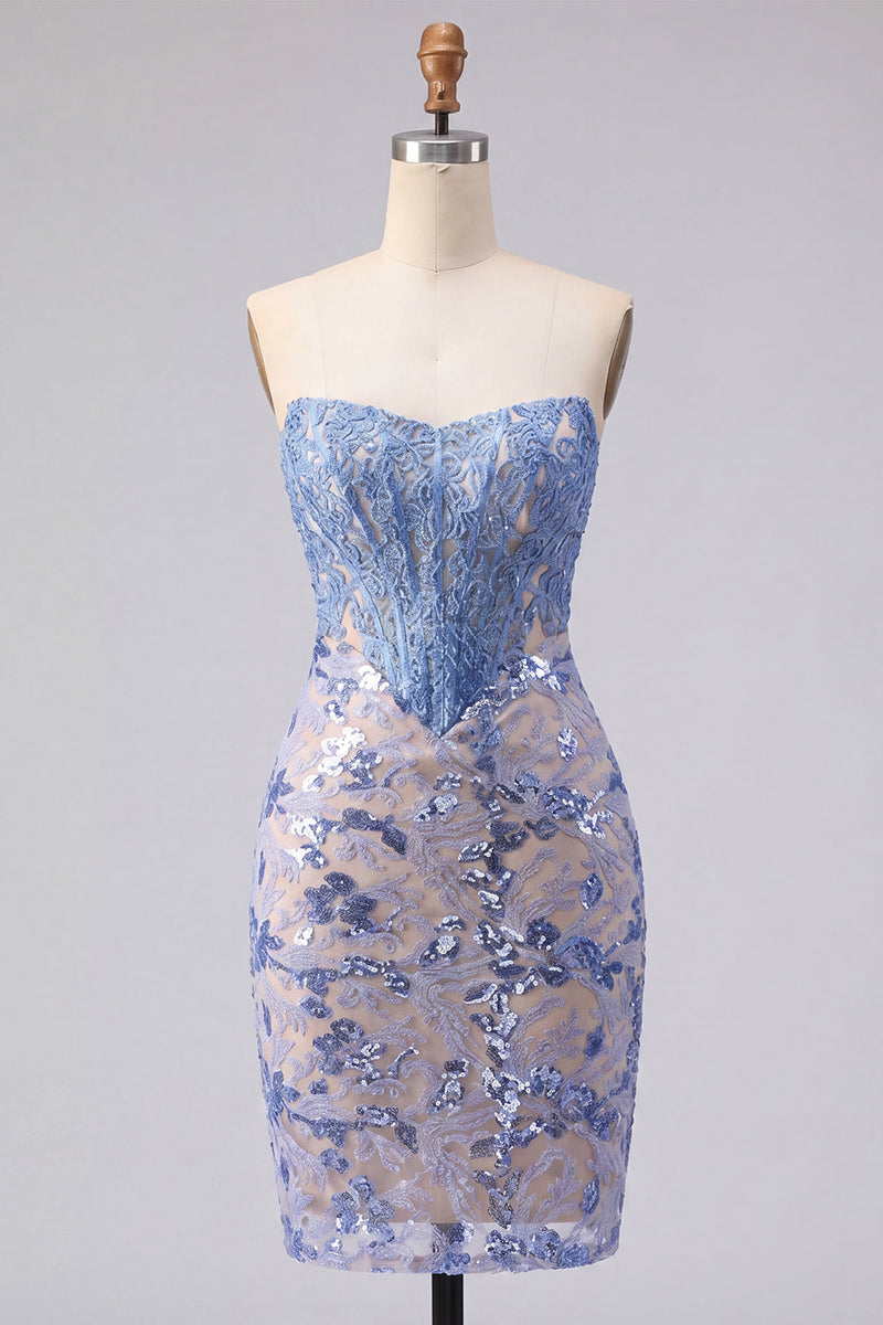 Load image into Gallery viewer, Strapless Corset Sparkly Tight Grey Blue Short Lace Prom Dress