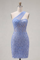 Load image into Gallery viewer, Sparkly One Shoulder Corset Grey Blue Tight Short Lace Prom Dress
