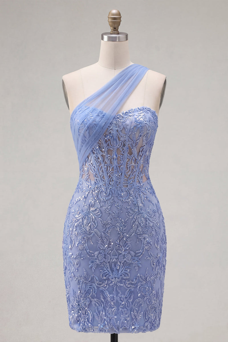 Load image into Gallery viewer, Sparkly One Shoulder Corset Grey Blue Tight Short Lace Prom Dress
