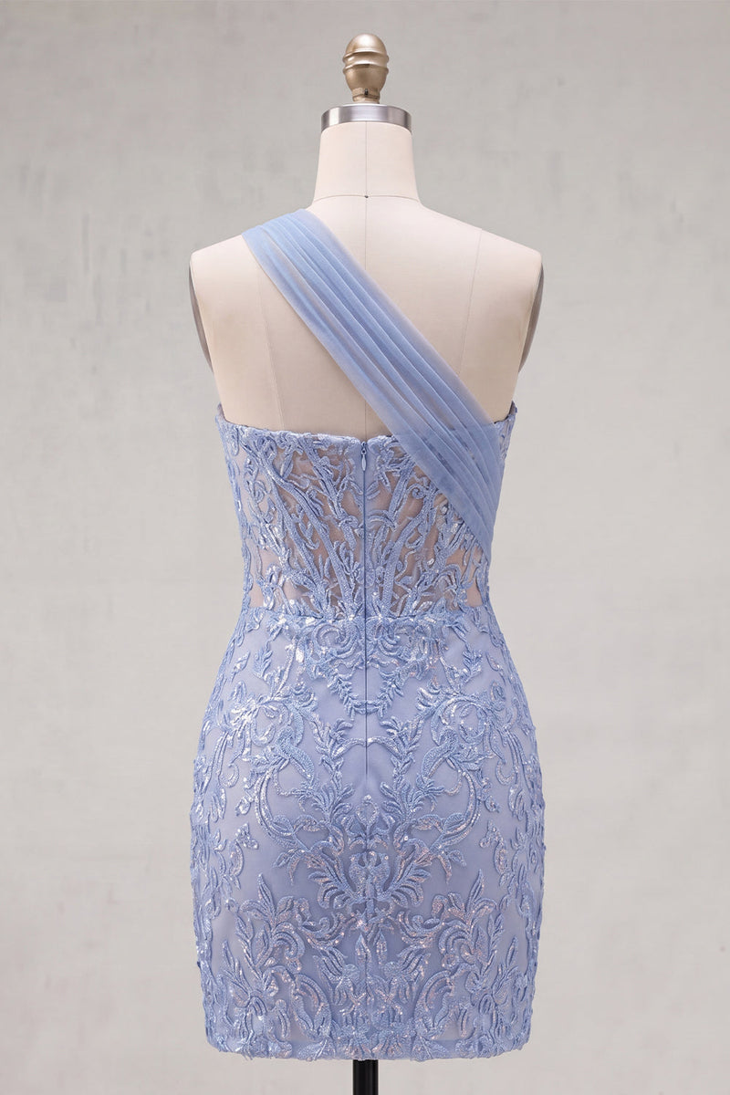 Load image into Gallery viewer, Sparkly One Shoulder Corset Grey Blue Tight Short Lace Prom Dress