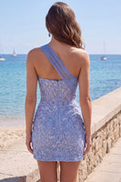 Load image into Gallery viewer, Sparkly One Shoulder Corset Grey Blue Tight Short Lace Prom Dress
