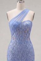 Load image into Gallery viewer, Sparkly One Shoulder Corset Grey Blue Tight Short Lace Prom Dress