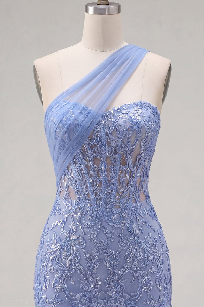 Load image into Gallery viewer, Sparkly One Shoulder Corset Grey Blue Tight Short Lace Prom Dress