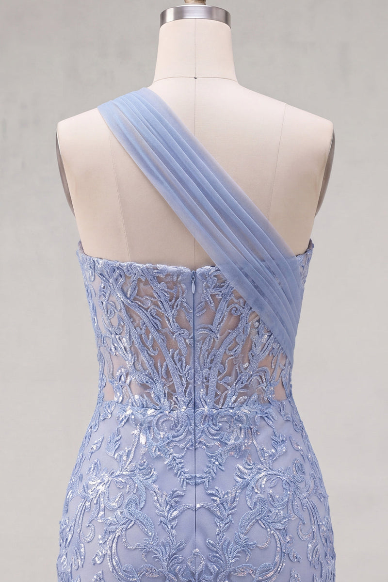 Load image into Gallery viewer, Sparkly One Shoulder Corset Grey Blue Tight Short Lace Prom Dress