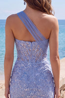 Load image into Gallery viewer, Sparkly One Shoulder Corset Grey Blue Tight Short Lace Prom Dress